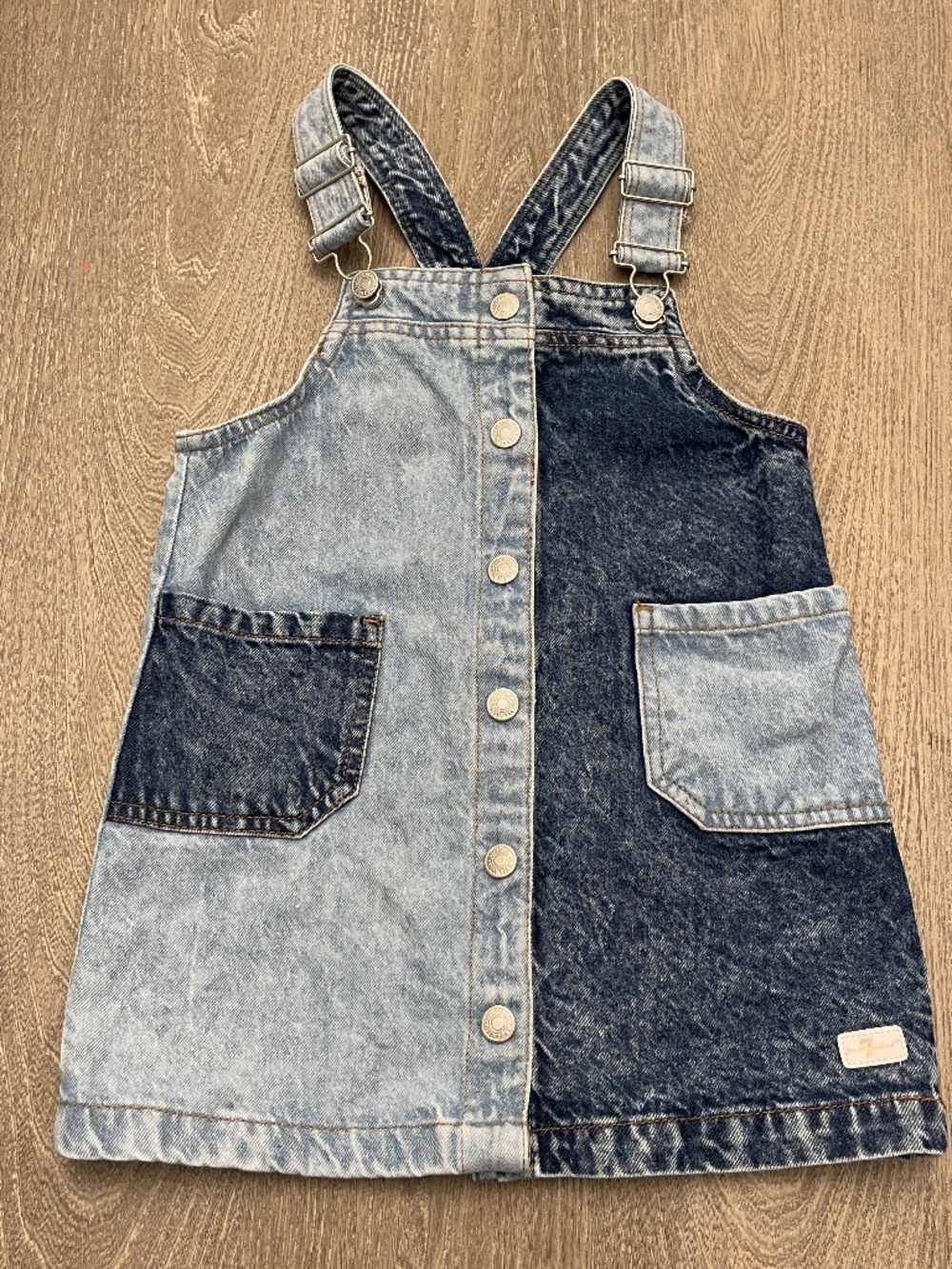 7 For All Mankind Kids Denim Jumper Dress Girls Size 4T Colorblock Blue Pockets